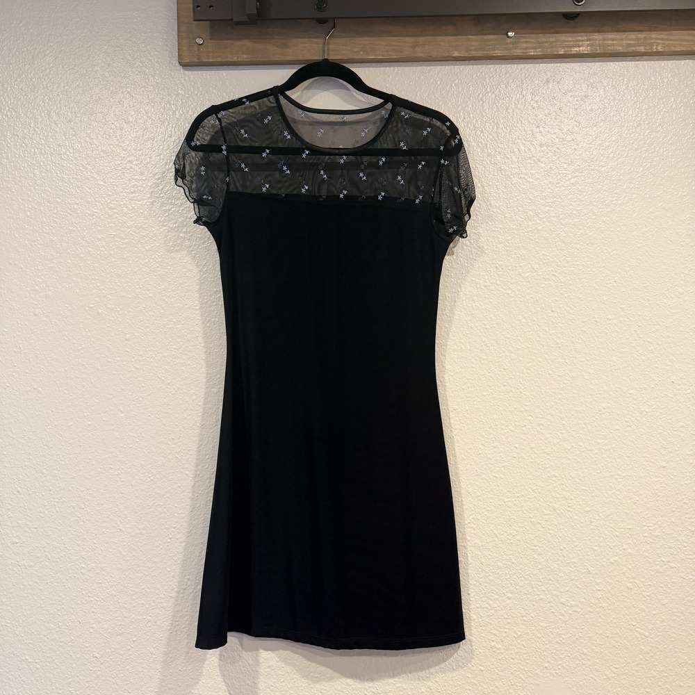 VTG Finesse Dress Womens M Black Sheer Floral Embroidered Shift HOCO Minimalist